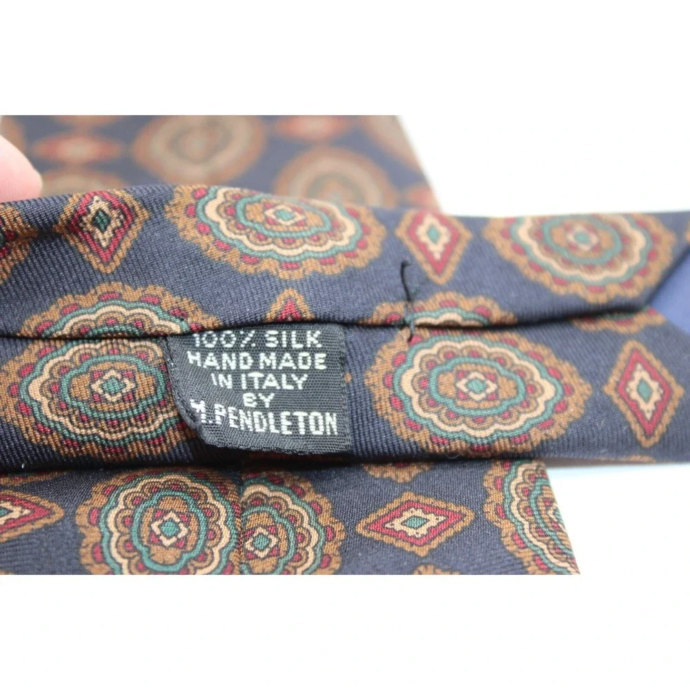 MARK SHALE Men's 100% Silk Necktie ITALY by M.‎ Pendleton Navy/Brown/Maroon 58